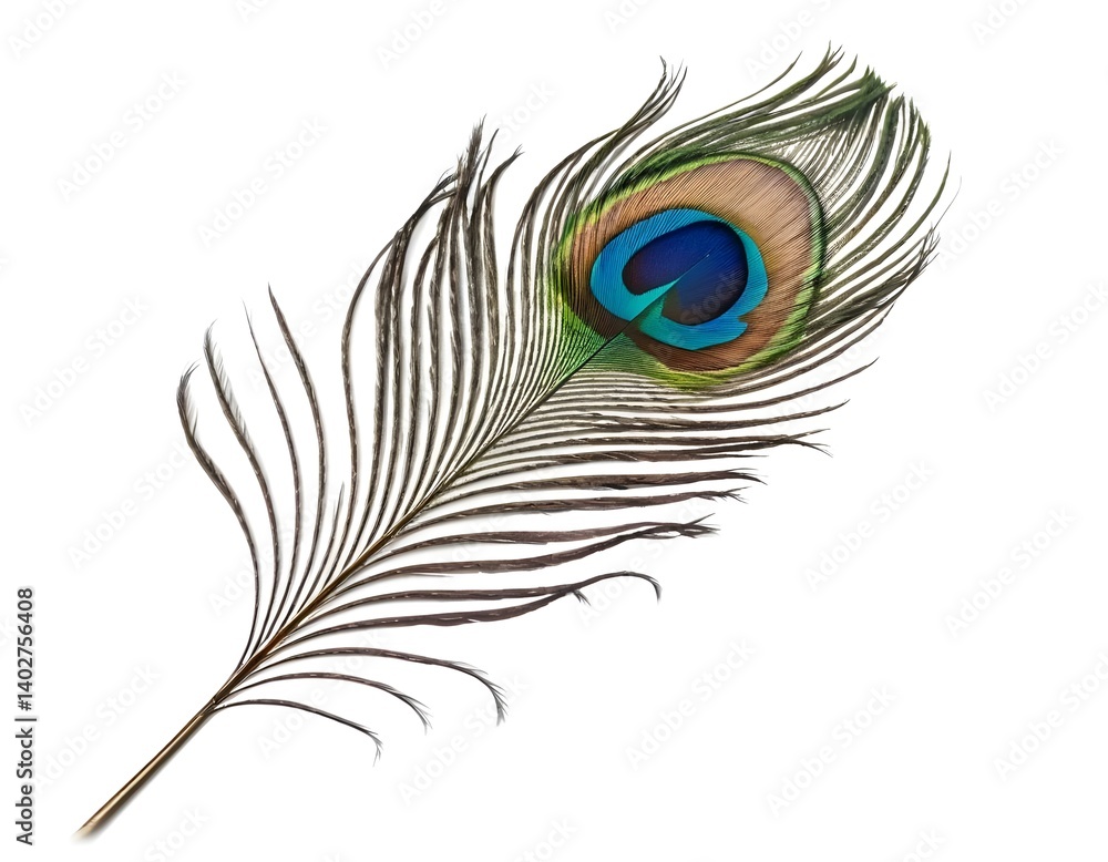 Fototapeta premium Single Peacock Feather on White Background