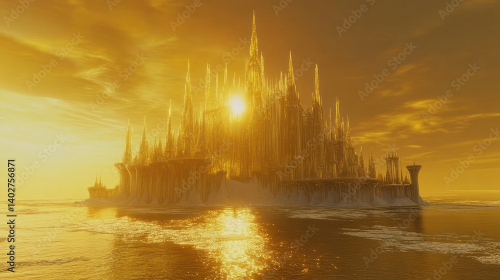 Naklejka premium A golden city rises from water during a brilliant sunset