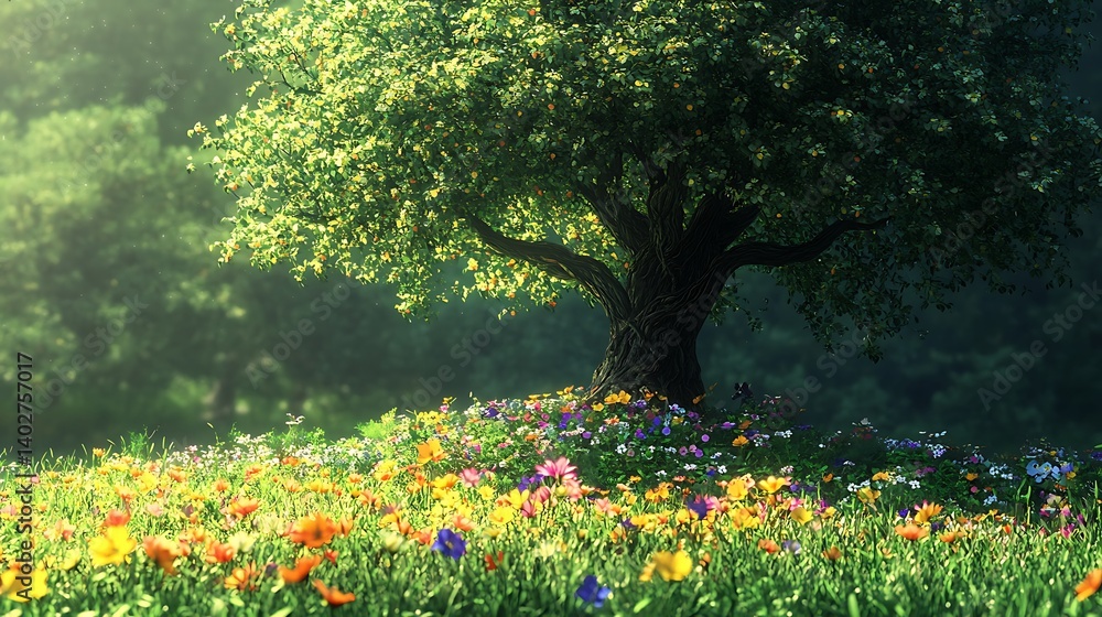 Obraz premium A vibrant tree growing from soil in the middle of a meadow of blooming wildflowers and lush grass