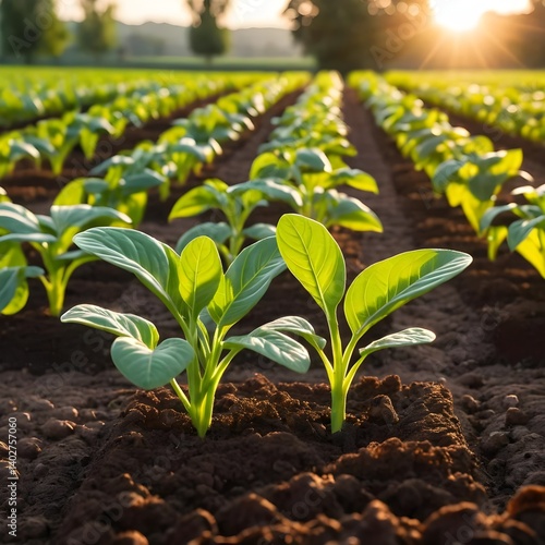 Young Tobacco Plants Growing in a Field at Sunset