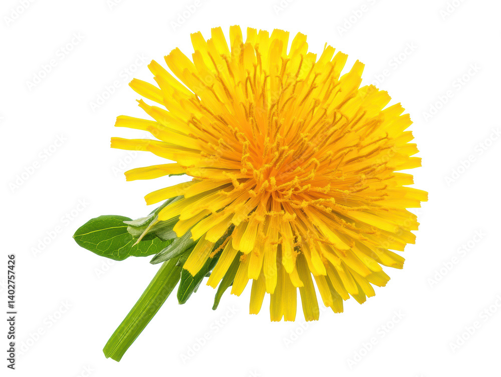 Bright yellow dandelion flower in full bloom with green leaves, cut out Bright yellow dandelion flower in full bloom with green leaves, cut out