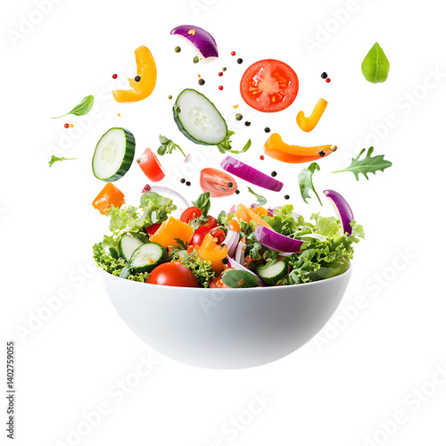 flying salad vegetables in white bowl png