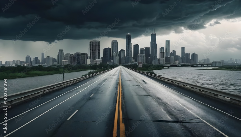 Fototapeta premium Road to the City Under a Stormy Sky