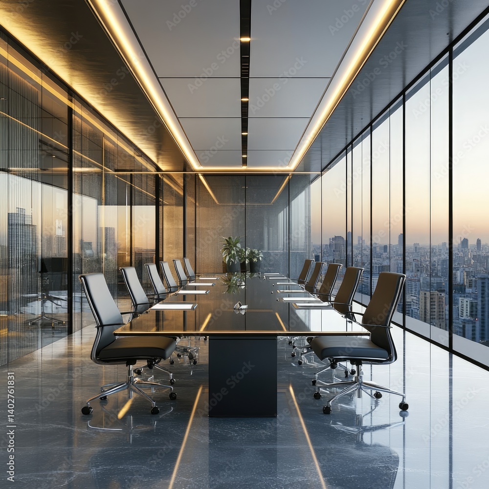Modern, sleek conference room with city views