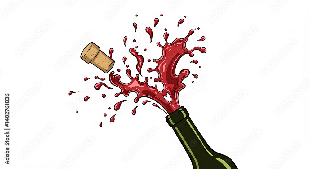 Fototapeta premium Celebrating national wine day with bursting flavor, cork popping up and vibrant red splash in dynamic composition, for celebration card and promotion