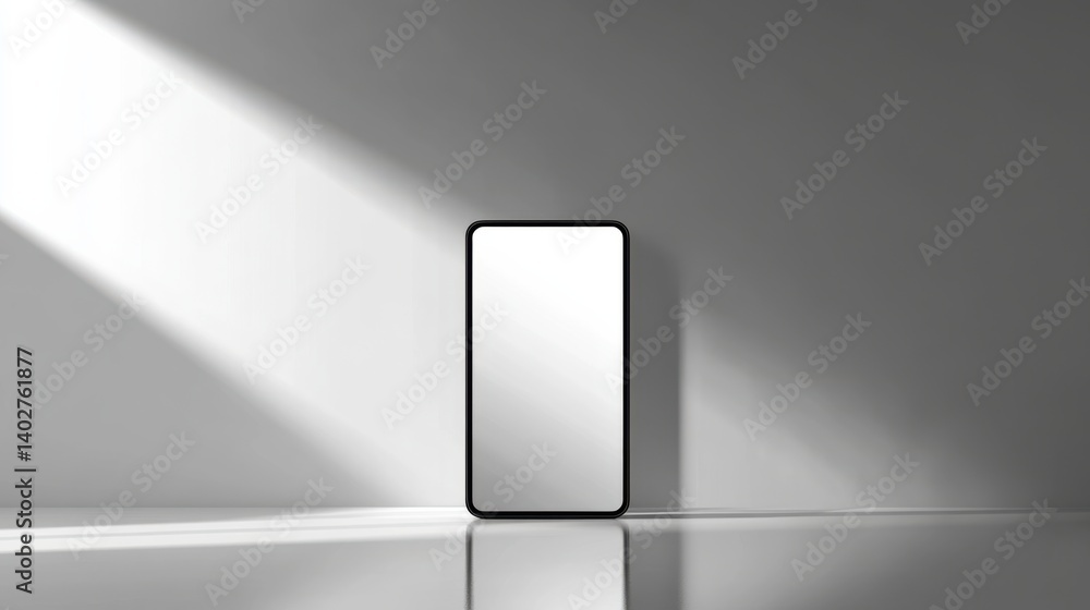 Modern smartphone against a minimalist background with natural light and soft shadows reflecting Modern smartphone against a minimalist background with natural light and soft shadows reflecting