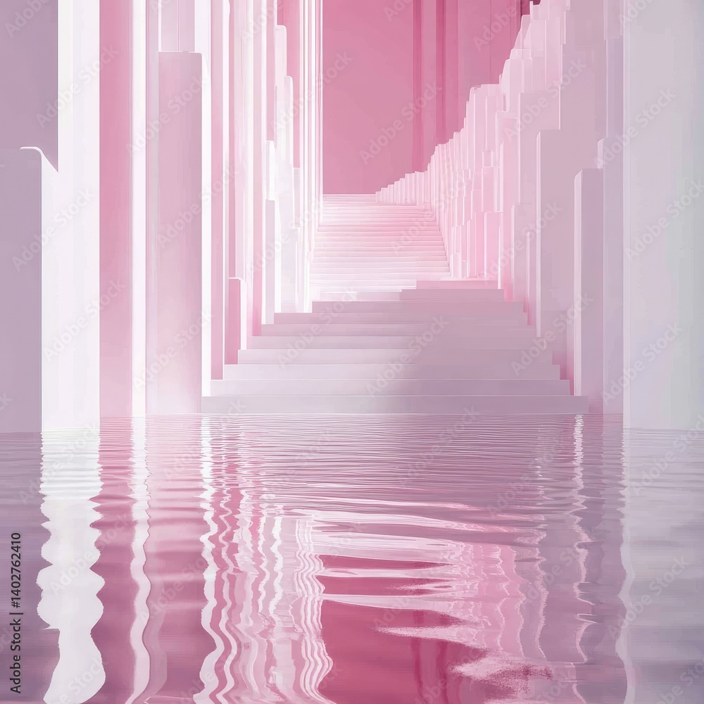 Pink architectural hallway with reflective water floor