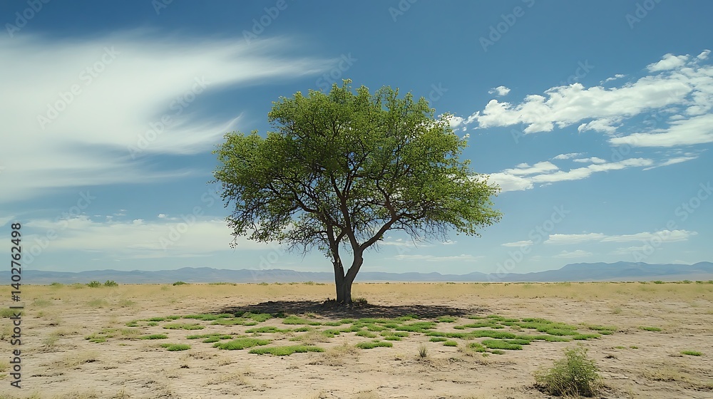 Fototapeta premium A tree standing tall as green patches emerge from dry ground symbolizing ecological change