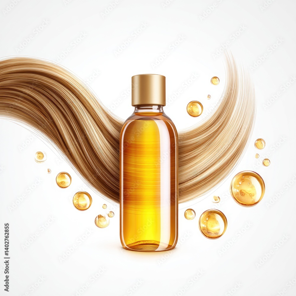 Golden hair oil bottle. Healthy, shiny, flowing locks