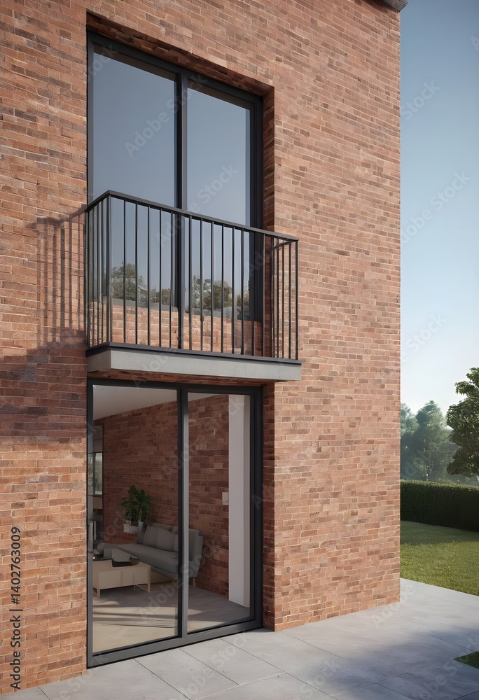 Obraz premium Modern Brick Building Exterior with Balcony and Sliding Glass Doors