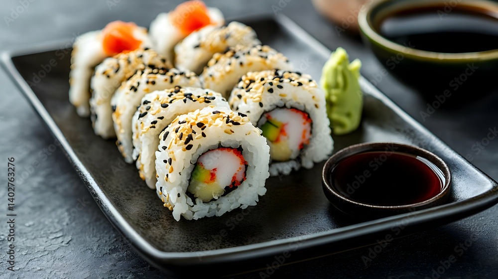 Sushi Rolls with Salmon and Crab Stick Topped with Sesame Seed Accompanied by Soy Sauce and Wasabi on Black Plate Sushi Rolls with Salmon and Crab Stick Topped with Sesame Seed Accompanied by Soy Sauce and Wasabi on Black Plate