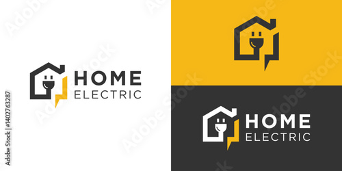 Minimalist home electric logo template. Home with lightning and plug logo design vector illustration.