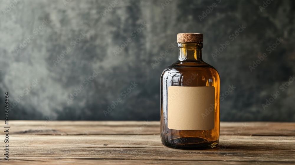 Glass Bottle with Blank Label on Rustic Table. Glass Bottle with Blank Label on Rustic Table.