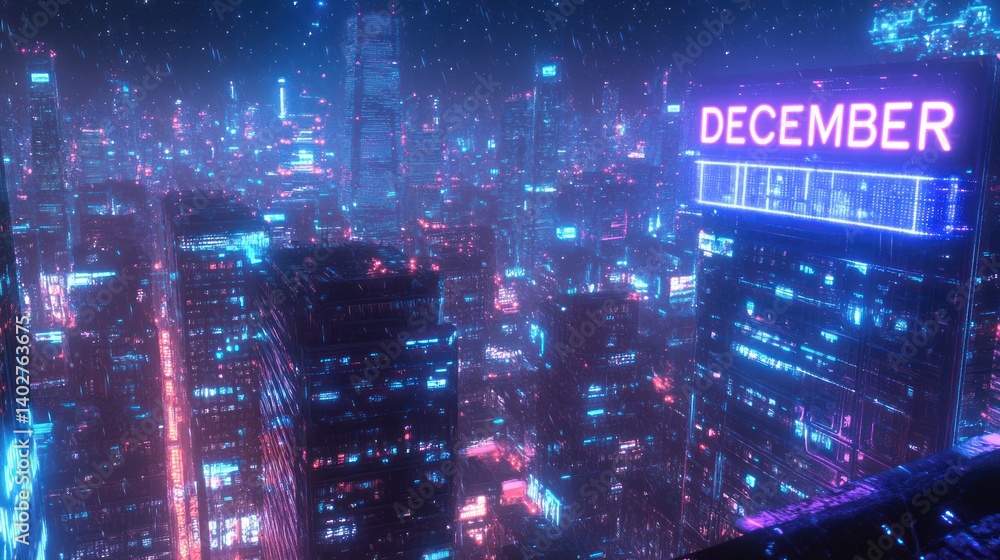 Fototapeta premium A futuristic cityscape displaying the month of December at night time