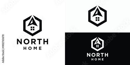 Simple north home logo template. Home with north arrow logo design vector illustration.
