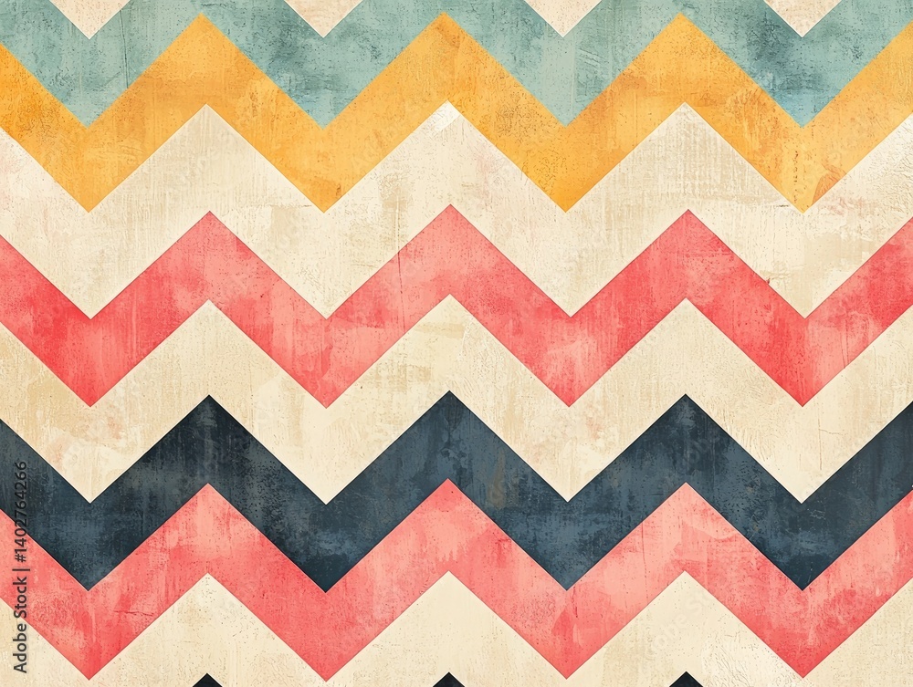 Retro chevron pattern with a textured, vintage aesthetic. Colorful, geometric design with muted tones