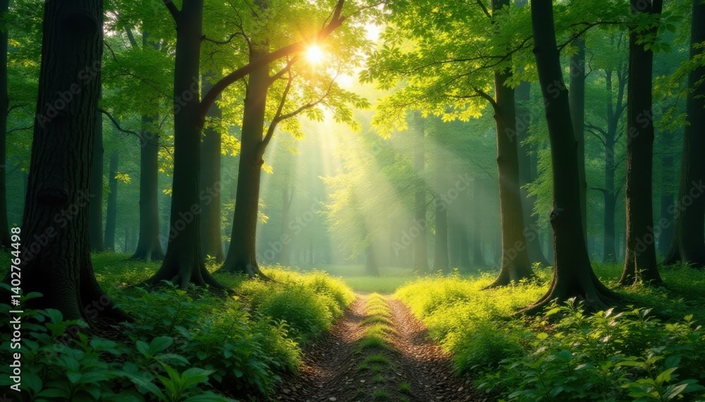 Fototapeta premium Panorama of a forest with sunlight filtering through the trees, trees, day
