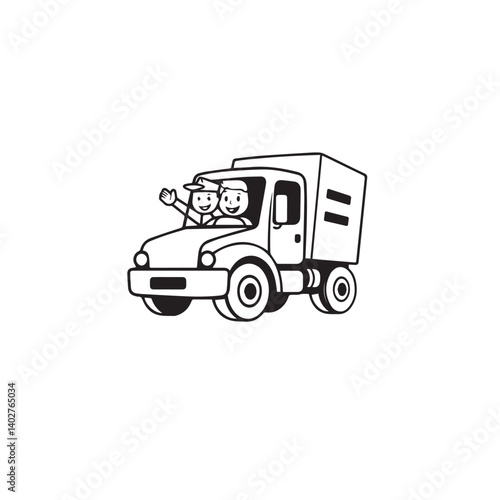 Happy Friends Driving a Delivery Truck Together. Smiling companions driving a truck, showcasing teamwork and joyful collaboration in transportation.

