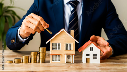 Building and architecture. Real estate investment concept energy efficiency. Ustainable real estate investment concept with wooden house model.