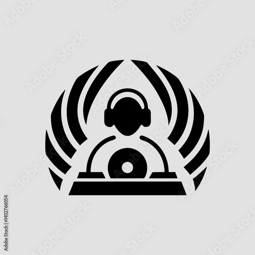 A silhouette-style DJ logo showing a figure with headphones behind a mixing console, with dynamic lines and club lights