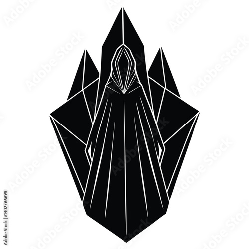 Dark Cloaked Figure with Crystals Illustration: Mysterious Hooded Character in Geometric Fantasy Art, Black and White Graphic Design