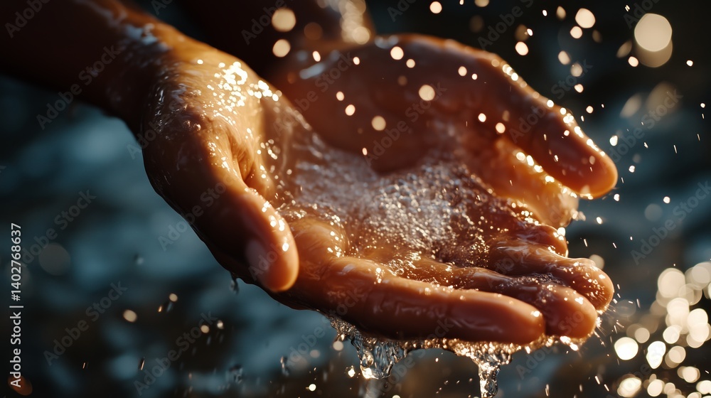 Fototapeta premium Hands catching water droplets in a sunlit moment by a tranquil stream
