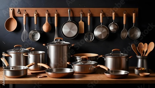 Copper and Stainless Steel Cookware Set on Wooden Rack