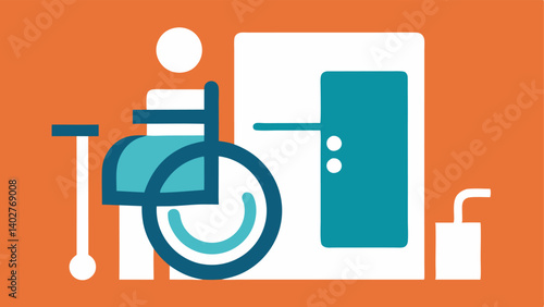 Public Restroom An illustration of an accessible restroom sign showing a person in a wheelchair entering a spacious and welldesigned restroom facility.