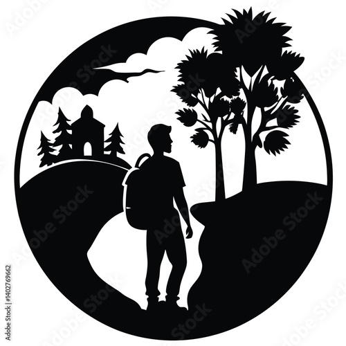 Silhouette Hiker Landscape: Man with Backpack on Trail, Trees, Church, Nature Scene Vector Illustration