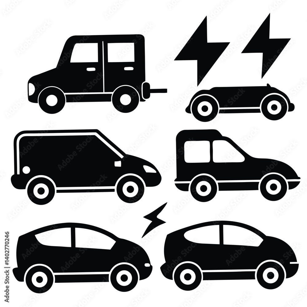 Fototapeta premium Black and White Vector Illustration of Electric Cars: Eco-Friendly Transportation, Sustainable Vehicles, Clean Energy, Automotive Design