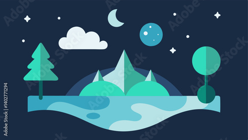 Relaxation Scene Customizer An illustration depicting a serene landscape scene that users can customize with icons representing elements like trees water and stars. This suggests a