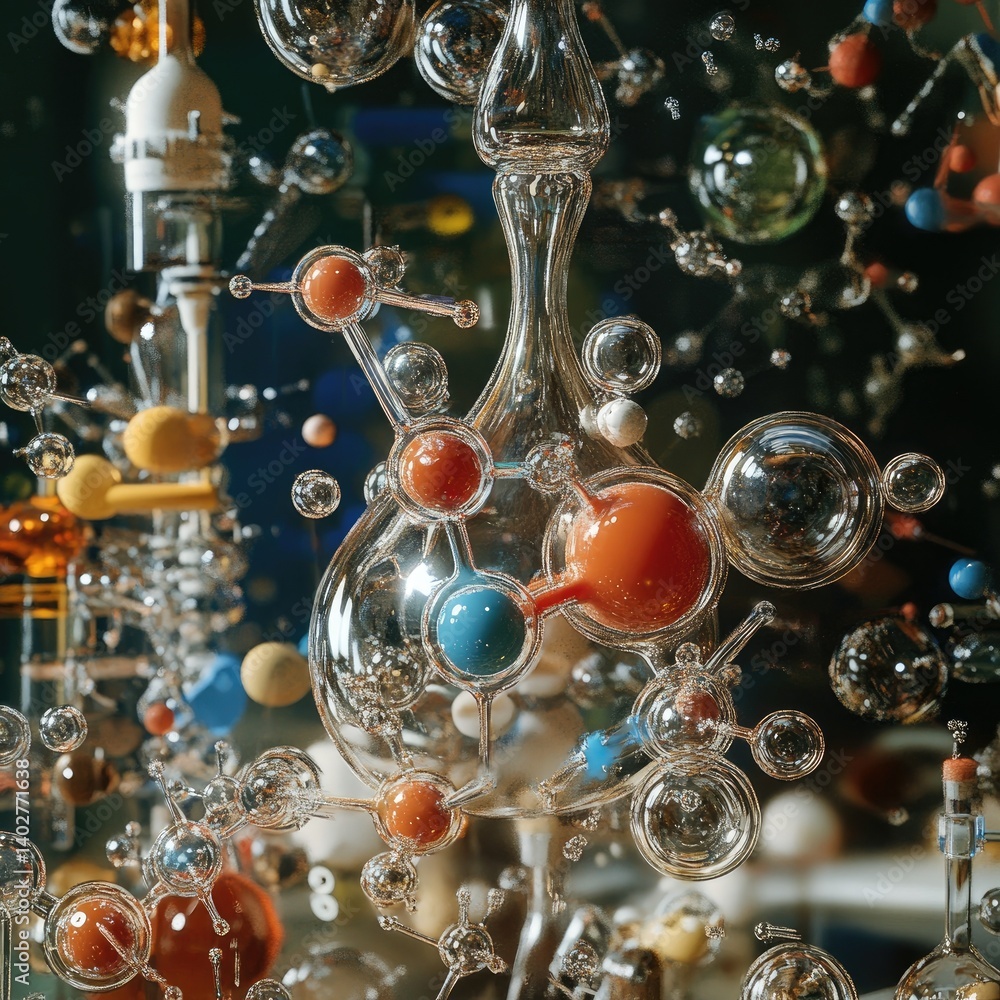 Abstract scientific illustration. Complex glass structures, colorful molecular interactions