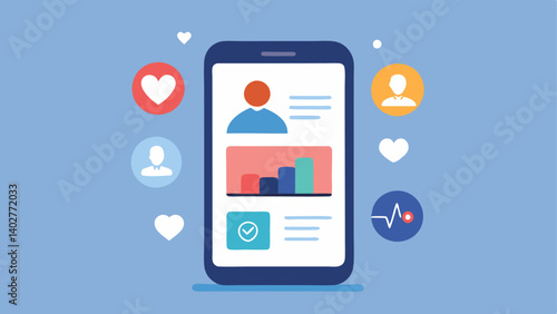 User Dashboard A smartphone screen showing a dashboard with icons for heart rate sleep quality and activity levels paired with a stylized wearable on the side.