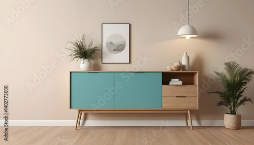 Modern Teal and Oak Sideboard in Minimalist Living Room Interior