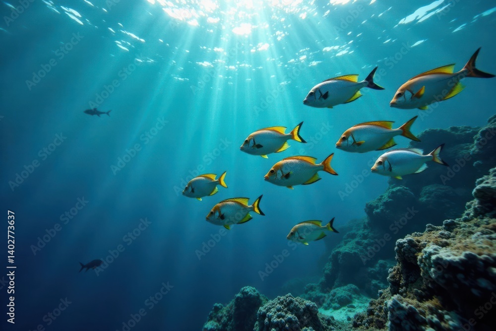 Naklejka premium School of fish swimming together in the ocean, seafood, ocean