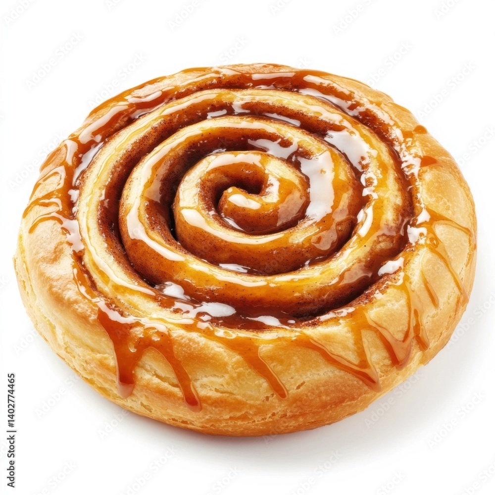 A freshly baked, round cinnamon roll with caramelized sugar glaze and flaky layers, isolated white background A freshly baked, round cinnamon roll with caramelized sugar glaze and flaky layers, isolated white background