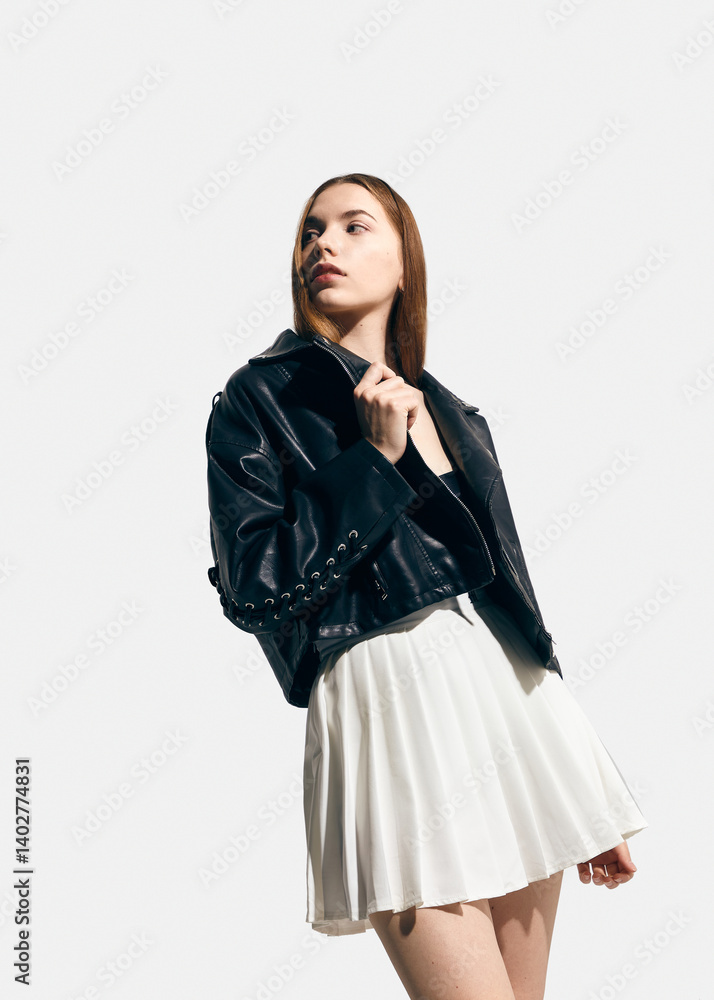 A beautiful woman in a black leather jacket and a white tennis skirt poses against a light background showing a stylish spring look A beautiful woman in a black leather jacket and a white tennis skirt poses against a light background showing a stylish spring look