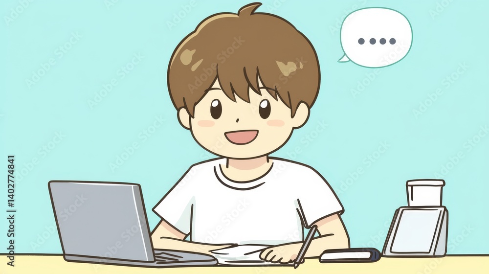 Young Person Sitting at Desk with Laptop and Stationery, Smiling and Thinking, Light Background Young Person Sitting at Desk with Laptop and Stationery, Smiling and Thinking, Light Background