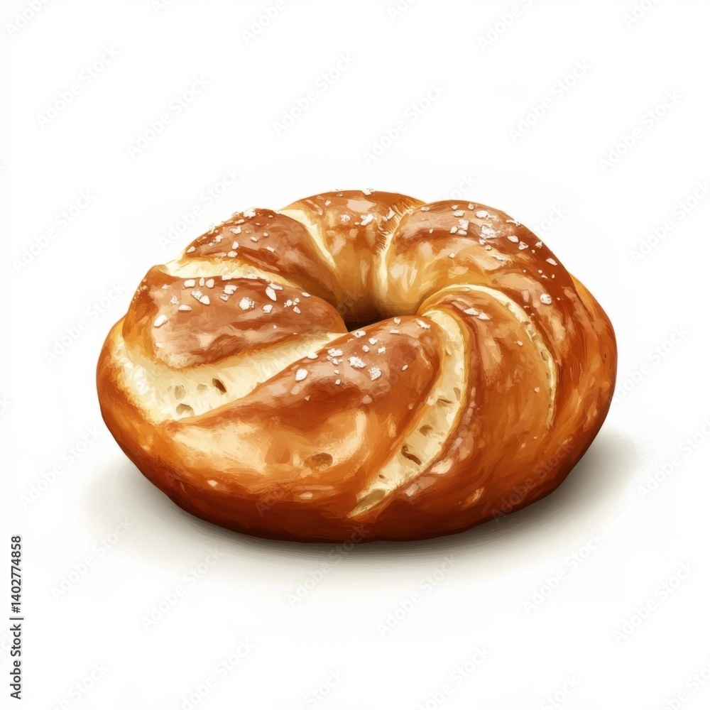A freshly baked soft pretzel with a glossy brown crust and a slightly salty finish, isolated white background, hyperrealism art style A freshly baked soft pretzel with a glossy brown crust and a slightly salty finish, isolated white background, hyperrealism art style