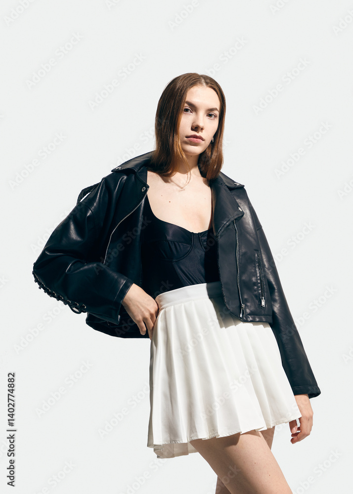 A beautiful woman in a black leather jacket and a white tennis skirt poses against a light background showing a stylish spring look A beautiful woman in a black leather jacket and a white tennis skirt poses against a light background showing a stylish spring look