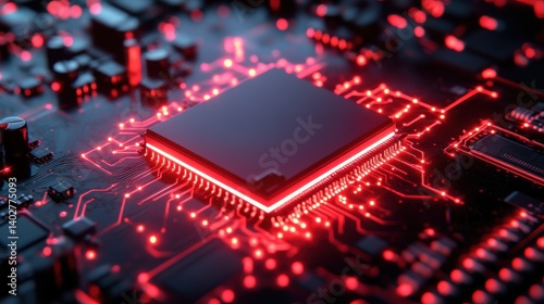 GPU Chip on a Circuit Board with Glowing Red Lights.