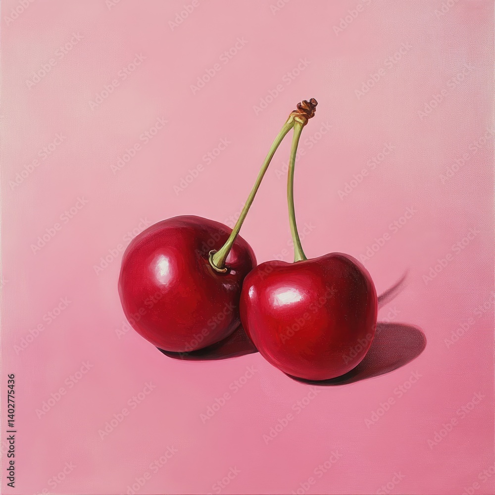 Two vibrant cherries against a pink backdrop. Detailed and realistic depiction of fruit, showcasing depth and luster. Perfect for still life enthusiasts