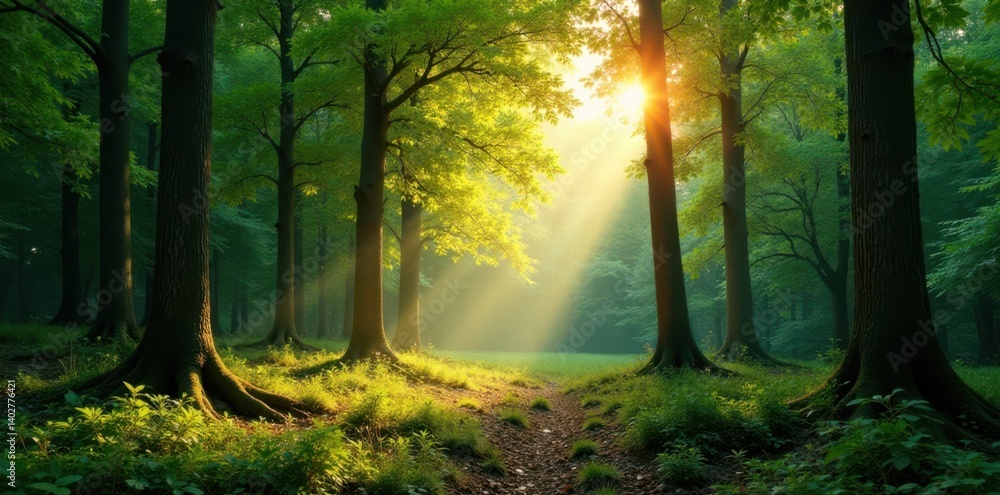Obraz premium Panorama of forest with sunlight filtering through trees , foliage, landscape
