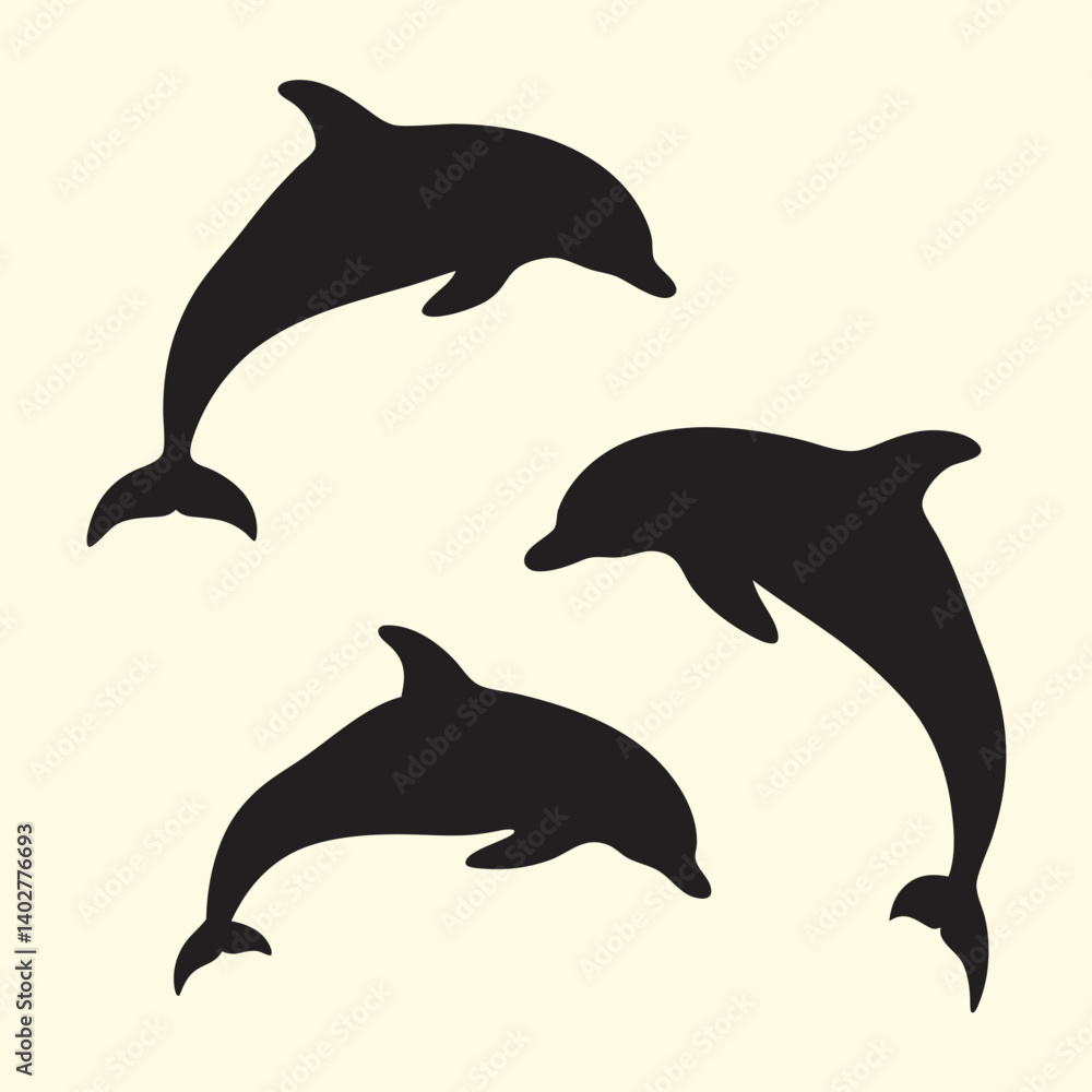Fototapeta premium Dolphins set vector silhouette in different styles.