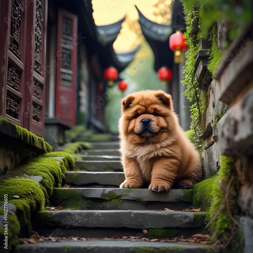 Chow Chow Sitting on Stone Steps.  