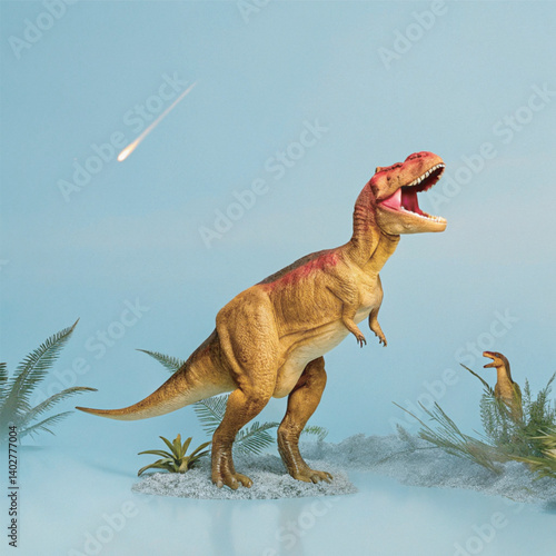 A mighty Tyrannosaurus rex stands dominant in a misty, sun-dappled Cretaceous forest for Dinosaur Day