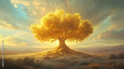 A surreal tree bathed in golden light its softly glowing roots illuminating the endless desert beneath a celestial sky
