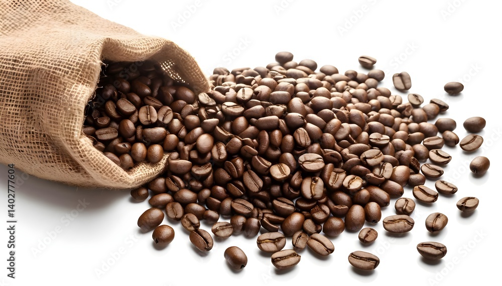 Fototapeta premium Roasted Coffee Beans Spilling from Burlap Sack