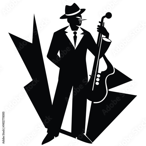 Black and White Silhouette of Jazz Musician with Upright Bass, Fedora, and Suit - Vintage Style Vector Graphic