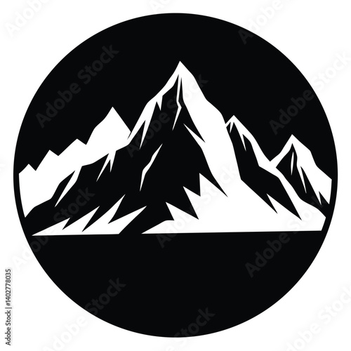Mountain Peak Logo Vector Illustration: Black and White Mountain Range Icon, Outdoor Adventure, Nature Landscape, Minimalist Design